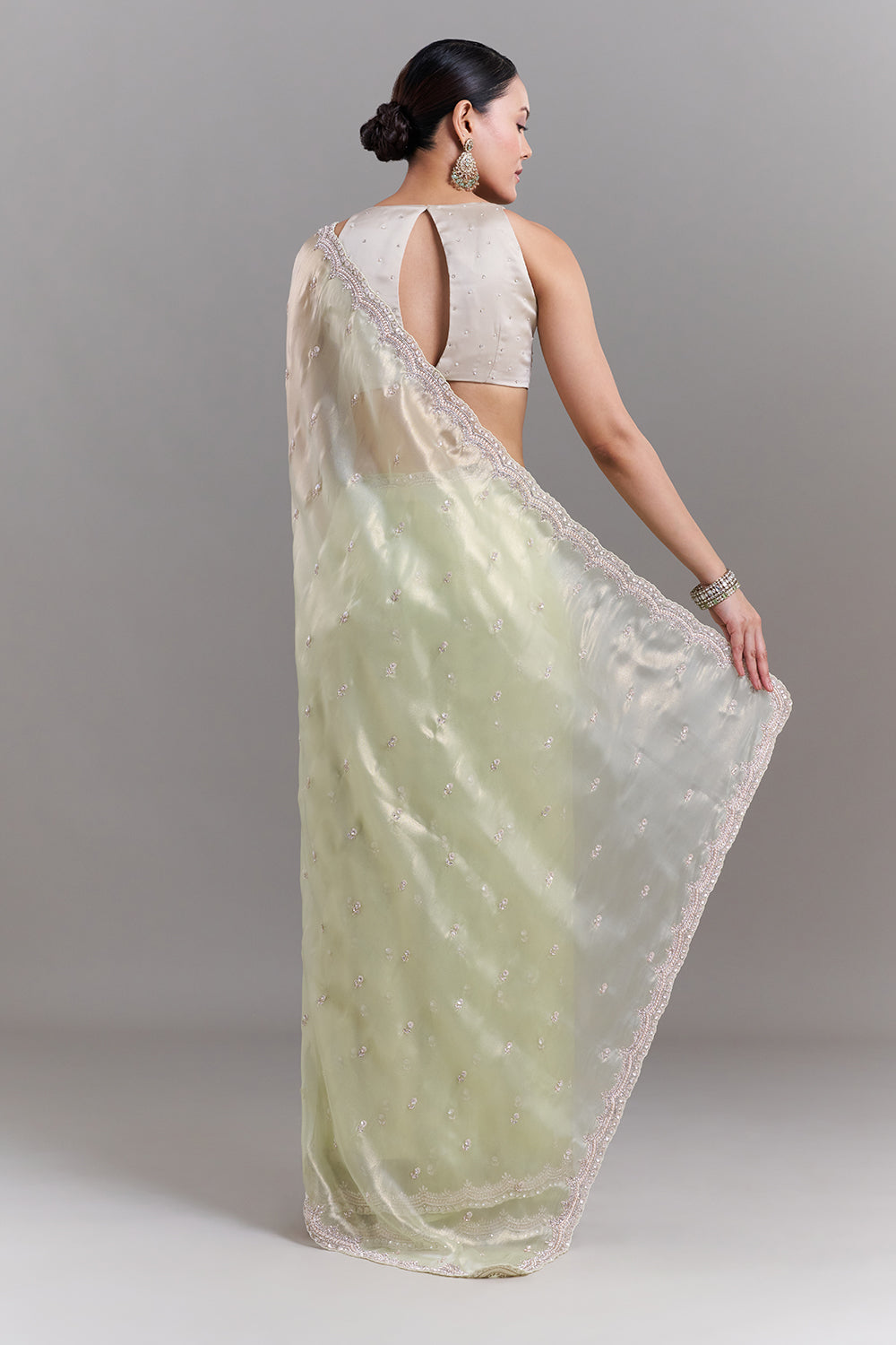 Pista Green Shimmer Tissue Embellished Saree