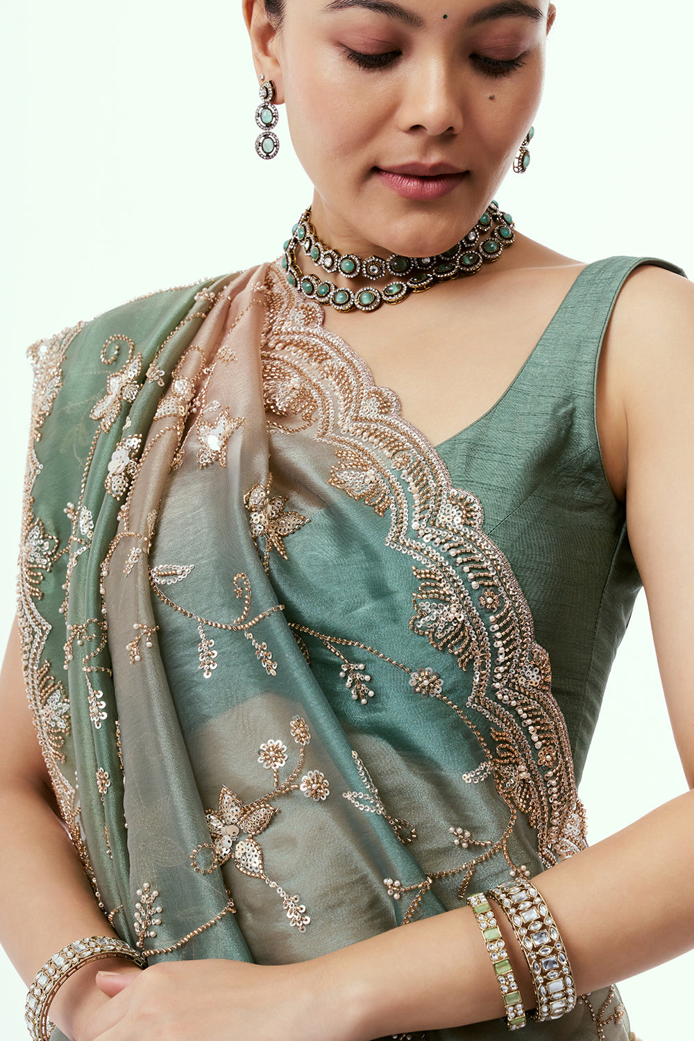 Pista Green Shimmer Zari Tissue Saree with Beadwork