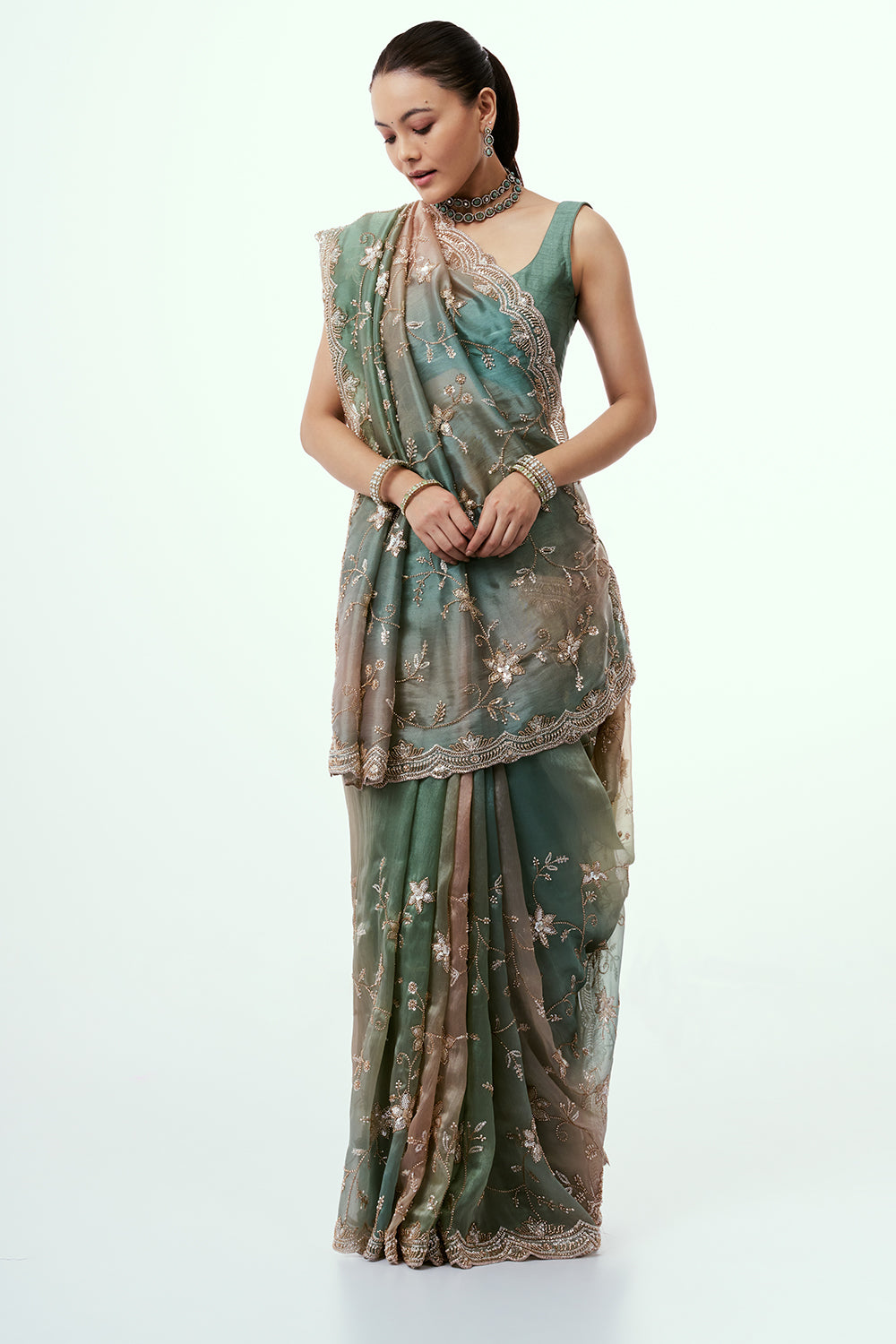 Pista Green Shimmer Zari Tissue Saree with Beadwork