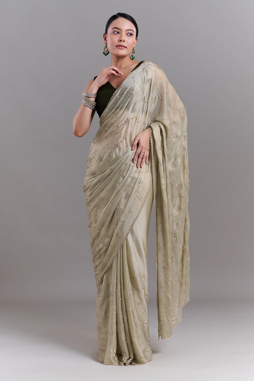 Pista Green Stone and Cutdana Embellished Saree