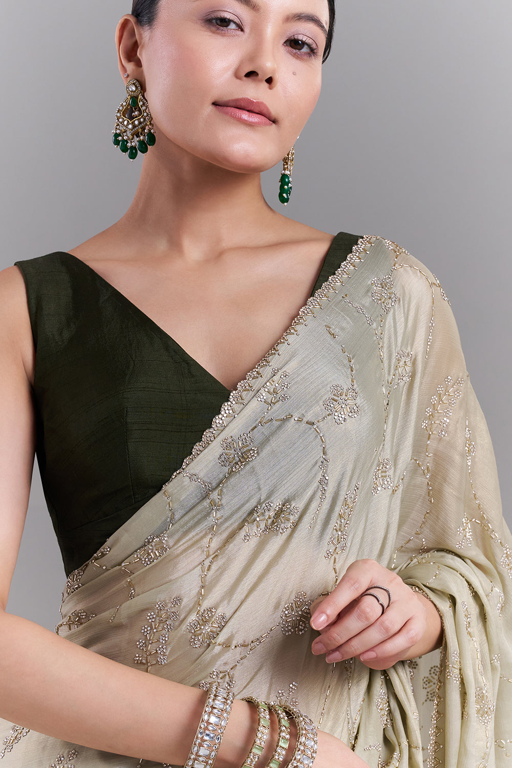 Pista Green Stone and Cutdana Embellished Saree
