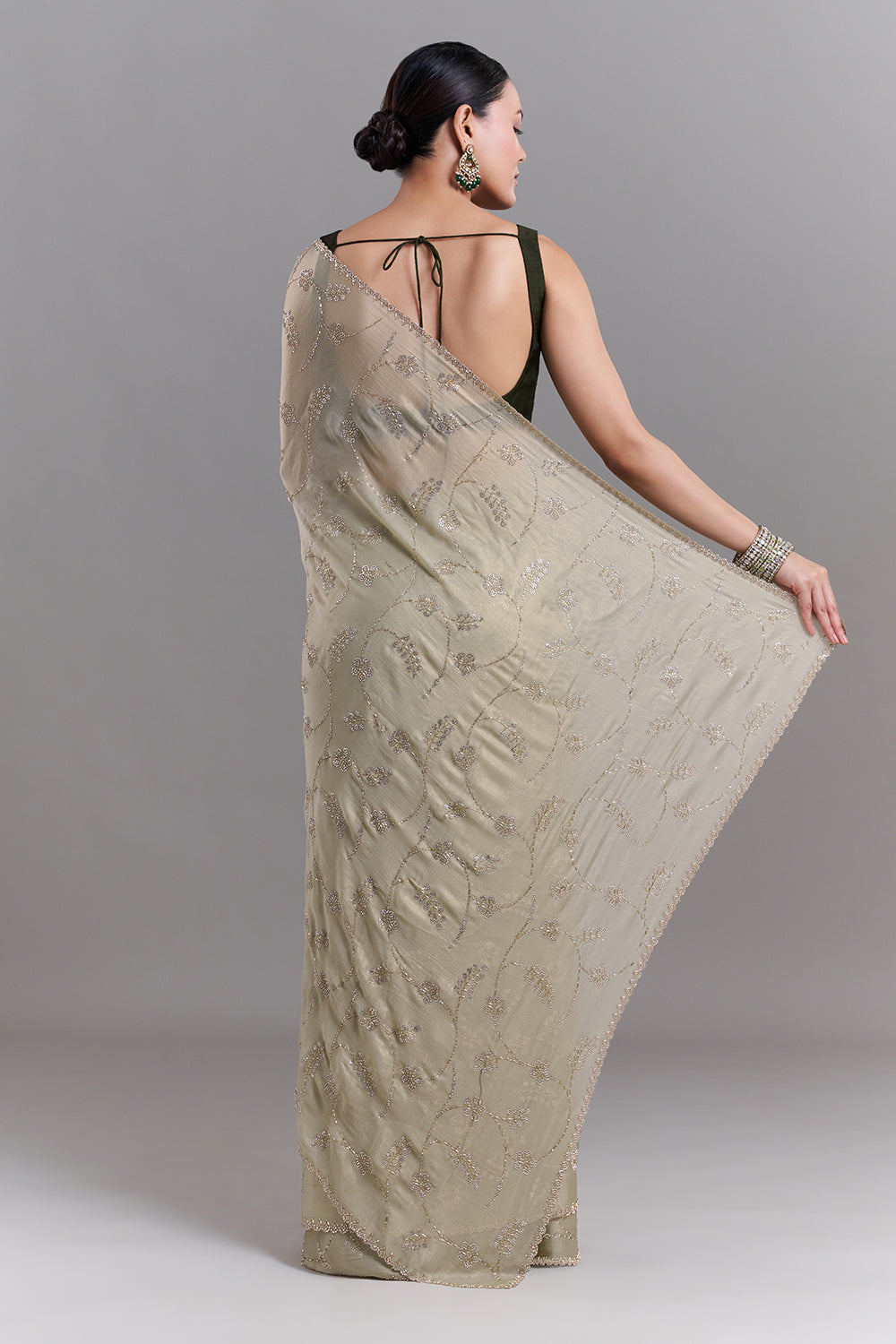 Pista Green Stone and Cutdana Embellished Saree