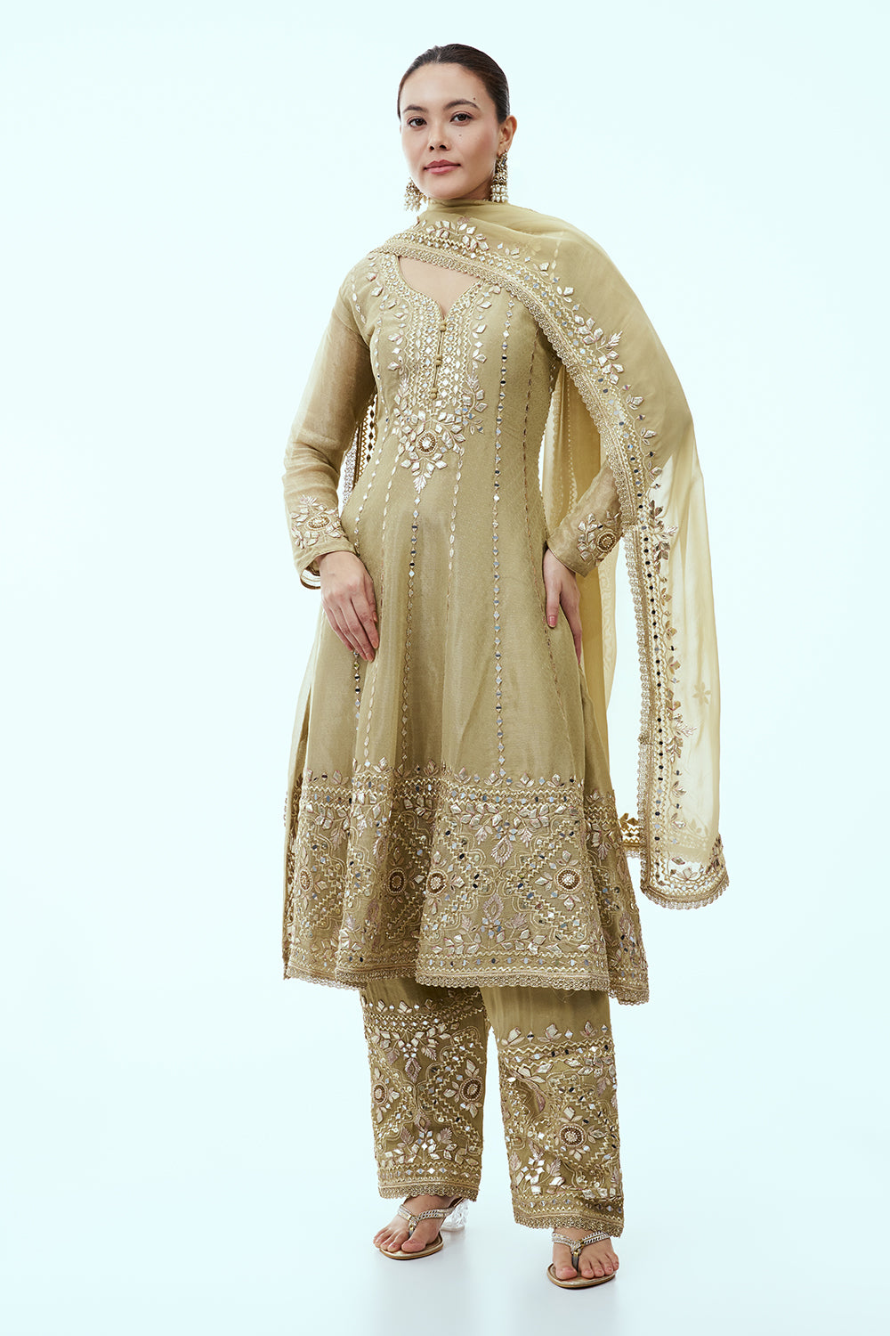 Pista Green Tissue Anarkali Suit with Mirror Work