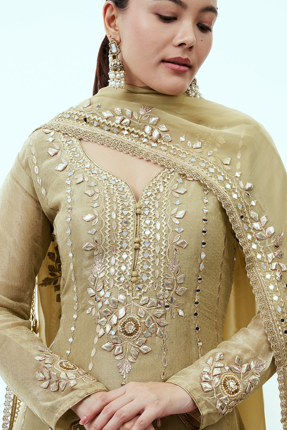 Pista Green Tissue Anarkali Suit with Mirror Work