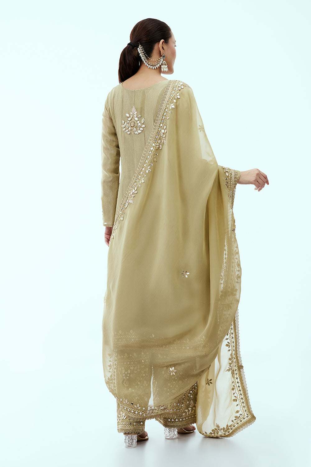 Pista Green Tissue Anarkali Suit with Mirror Work