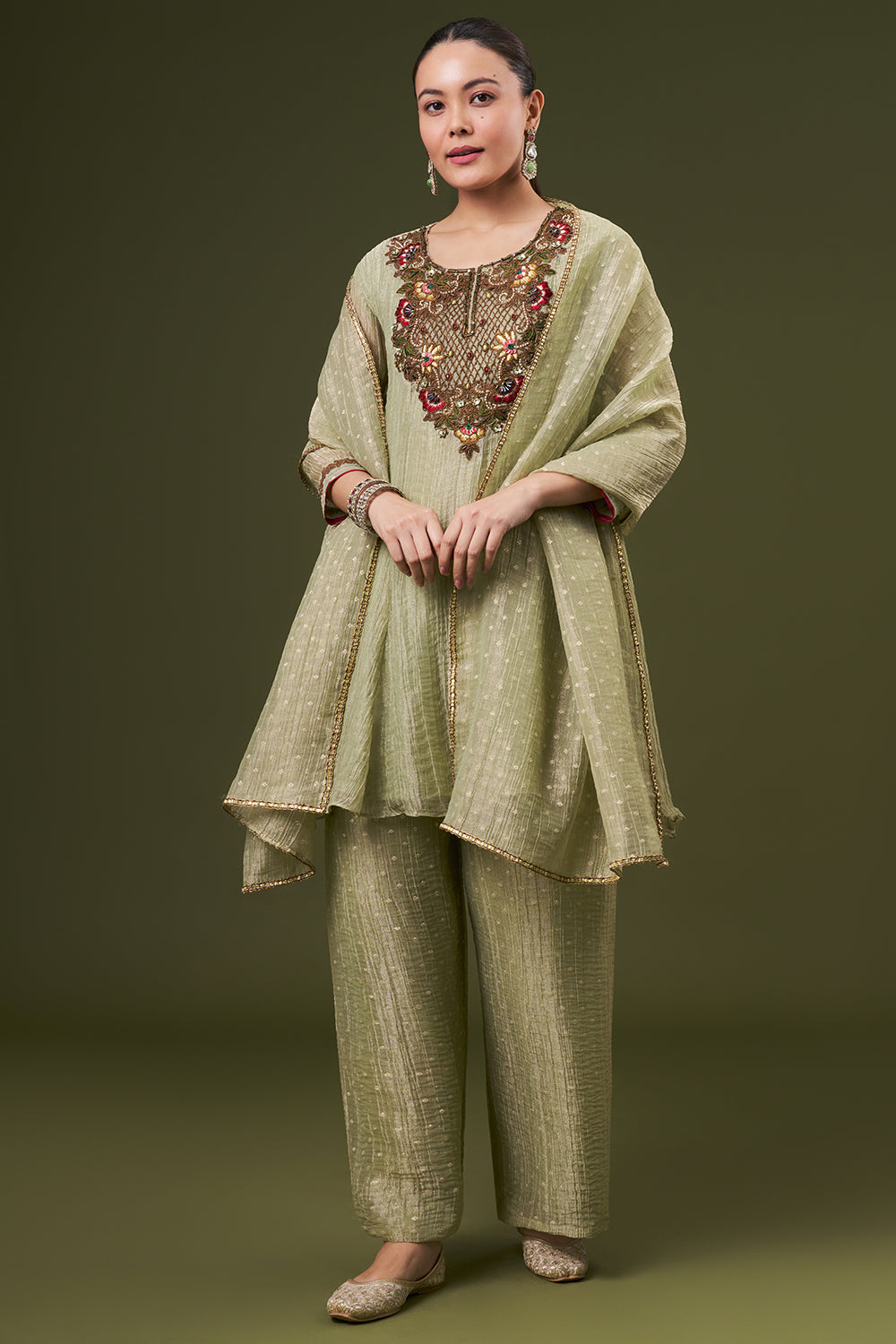 Pista Green Tissue Salwar Kameez with Thread and Zari Work