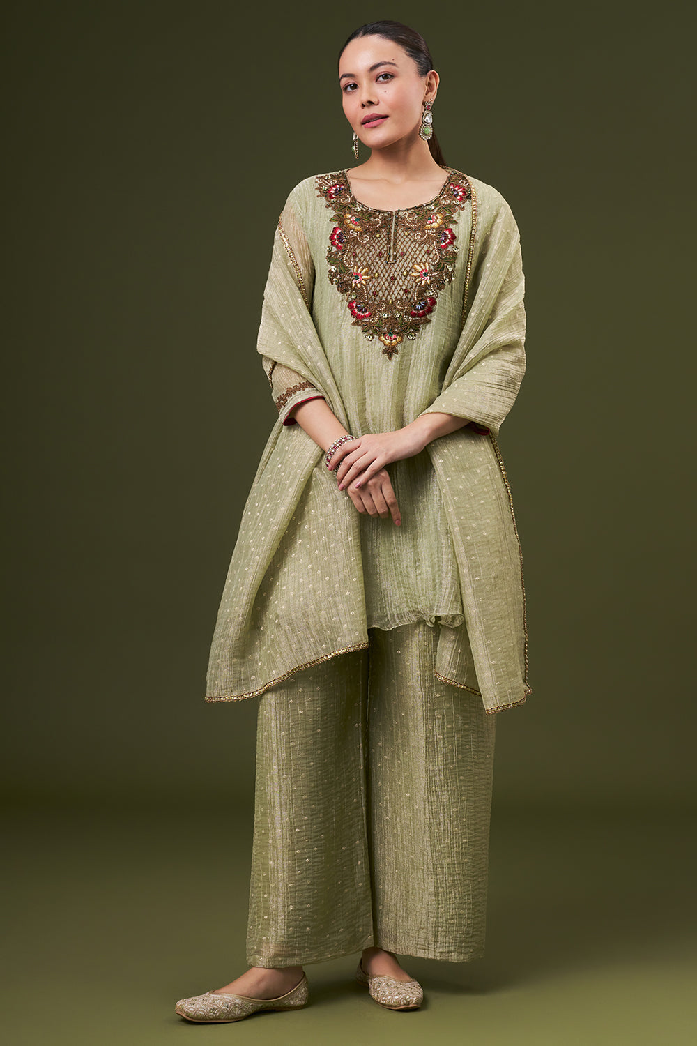 Pista Green Tissue Salwar Kameez with Thread and Zari Work