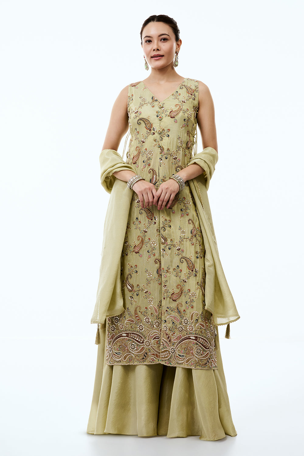 Pista Green Tissue Silk Palazzo Set With Cutdana and Resham Work