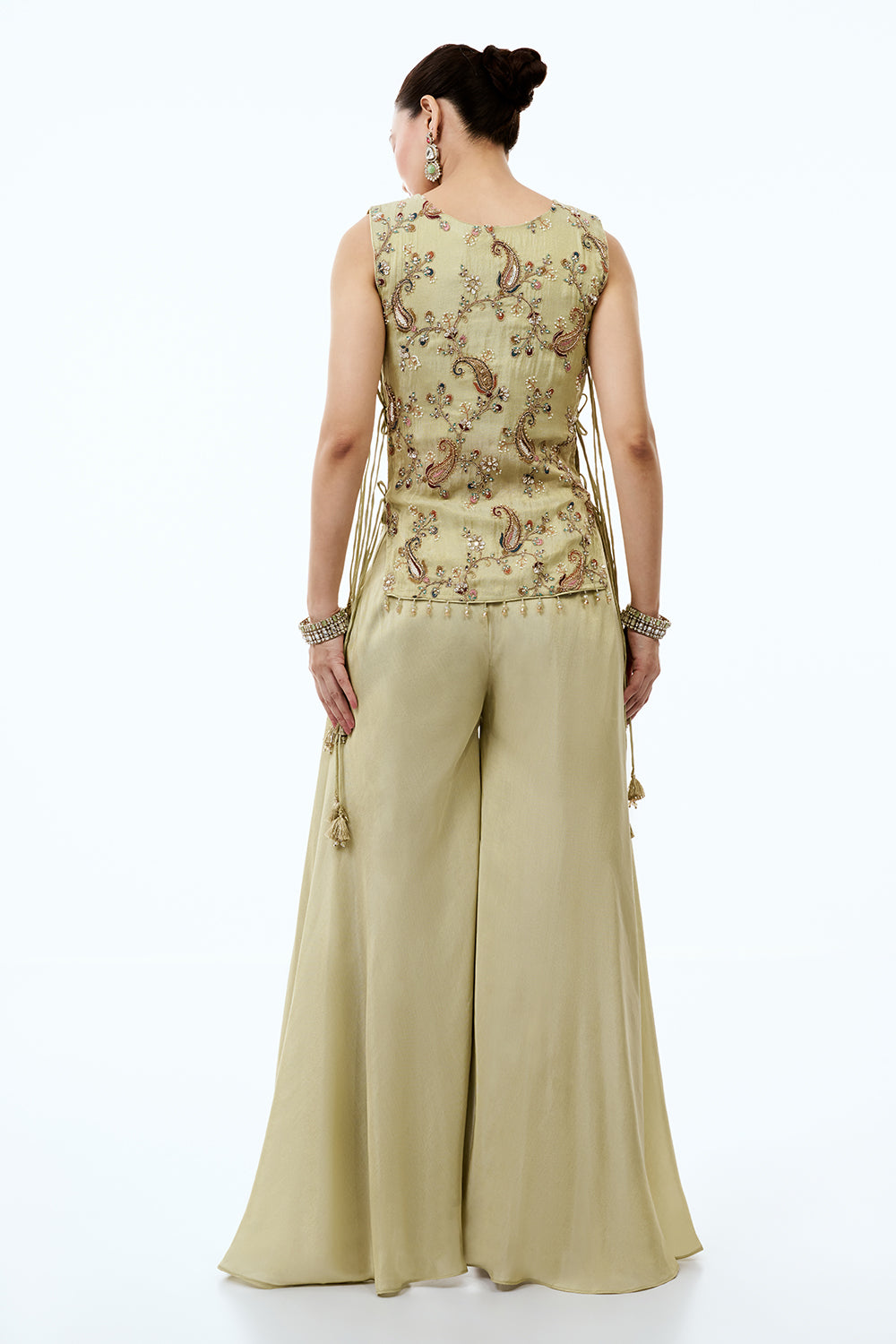 Pista Green Tissue Silk Palazzo Suit with Cutdana and Resham Work