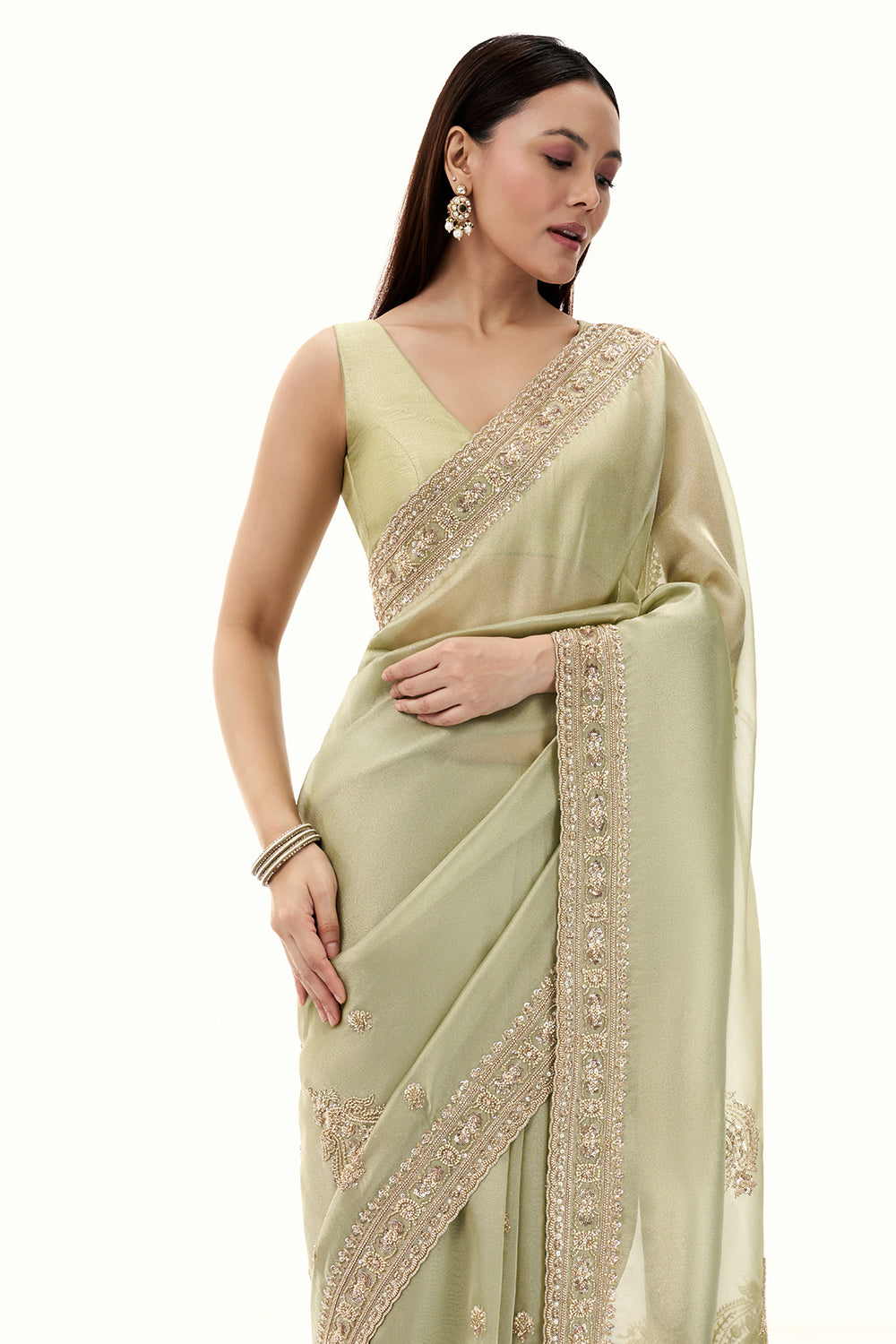 Pista Green Tussar Saree with Handwork