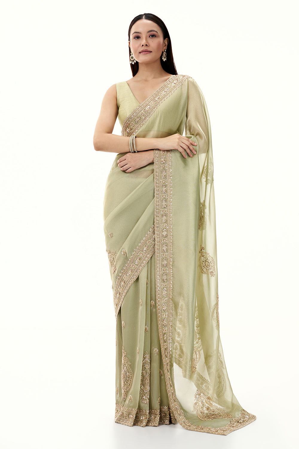 Pista Green Tussar Saree with Handwork