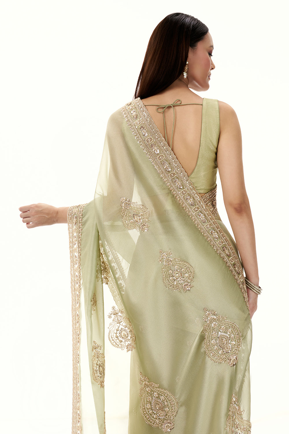 Pista Green Tussar Saree with Handwork