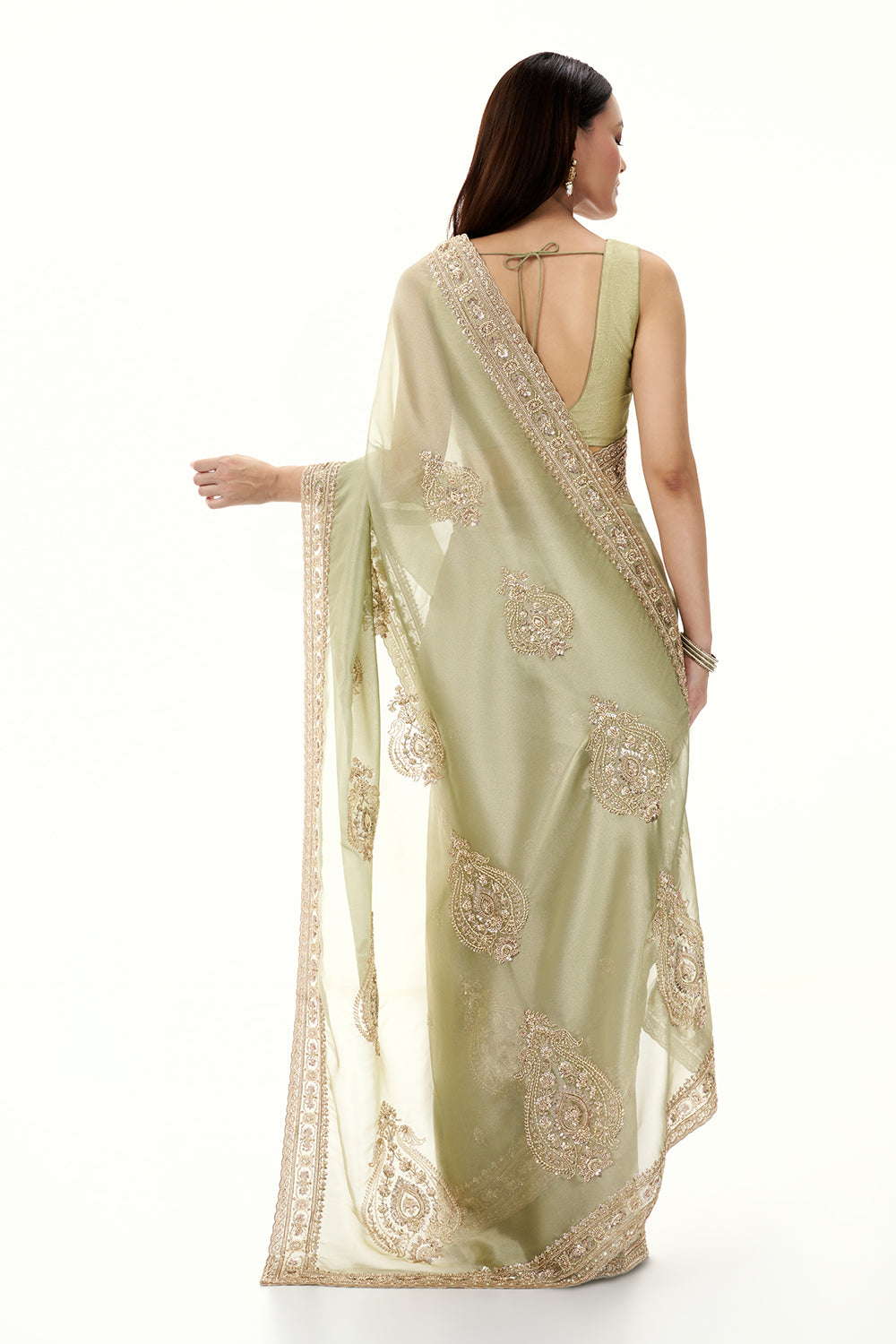 Pista Green Tussar Saree with Handwork
