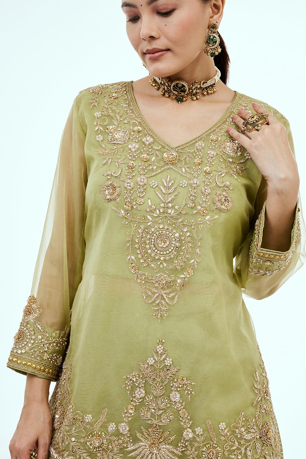 Pista Green Uppada Silk Co-ord Set with Zardosi Work