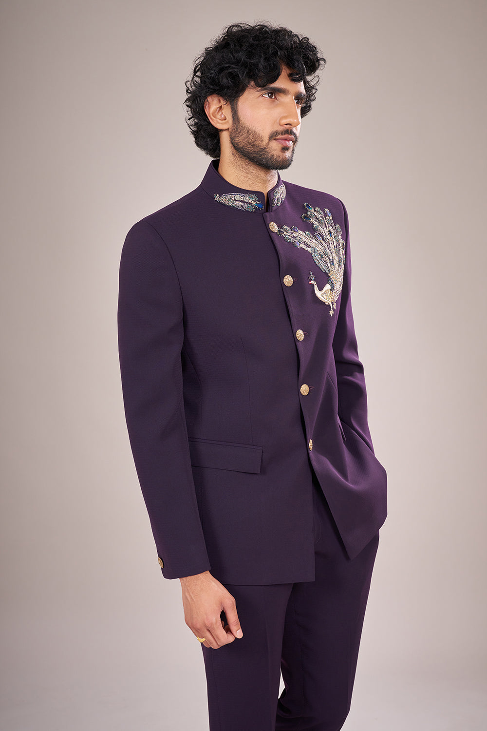 Plum Rayon Bandhgala Set with Resham Embroidery