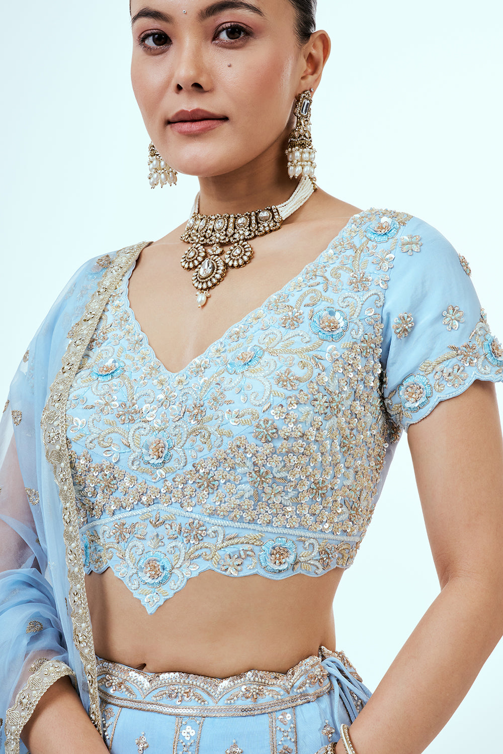 Powder Blue Crepe Lehenga with Zari Embroidery