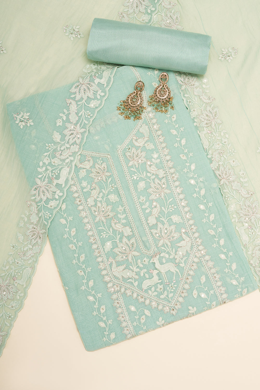 Aqua Green Embroidered Unstitched Dress Set