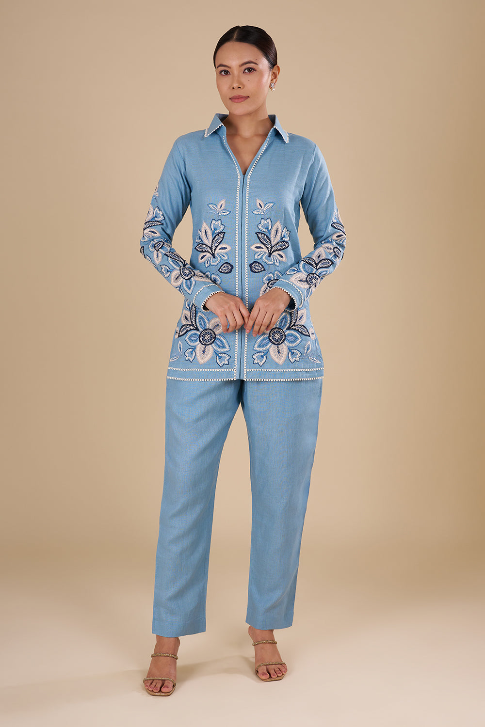 Powder Blue Linen Co-ord Set with Floral Thread Embroidery