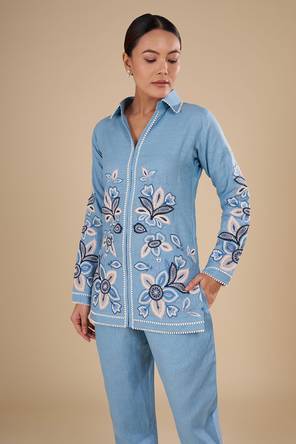 Powder Blue Linen Co-ord Set with Floral Thread Embroidery