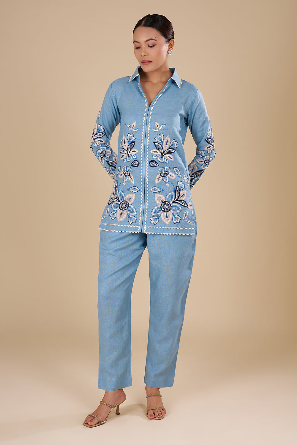Powder Blue Linen Co-ord Set with Floral Thread Embroidery
