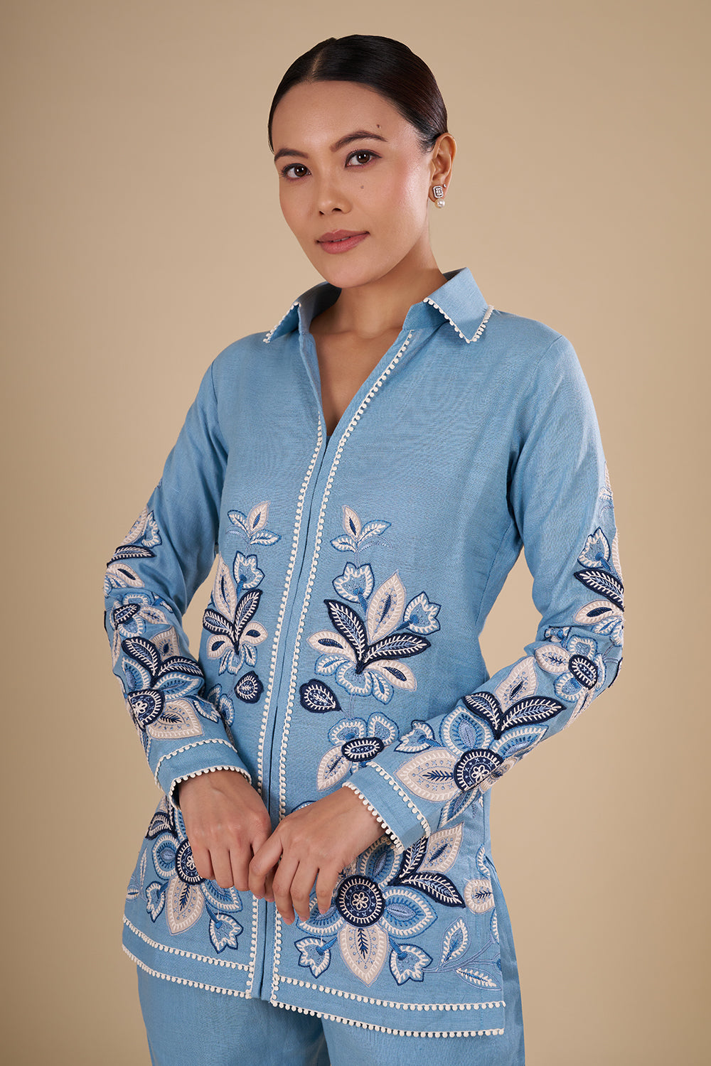 Powder Blue Linen Co-ord Set with Floral Thread Embroidery