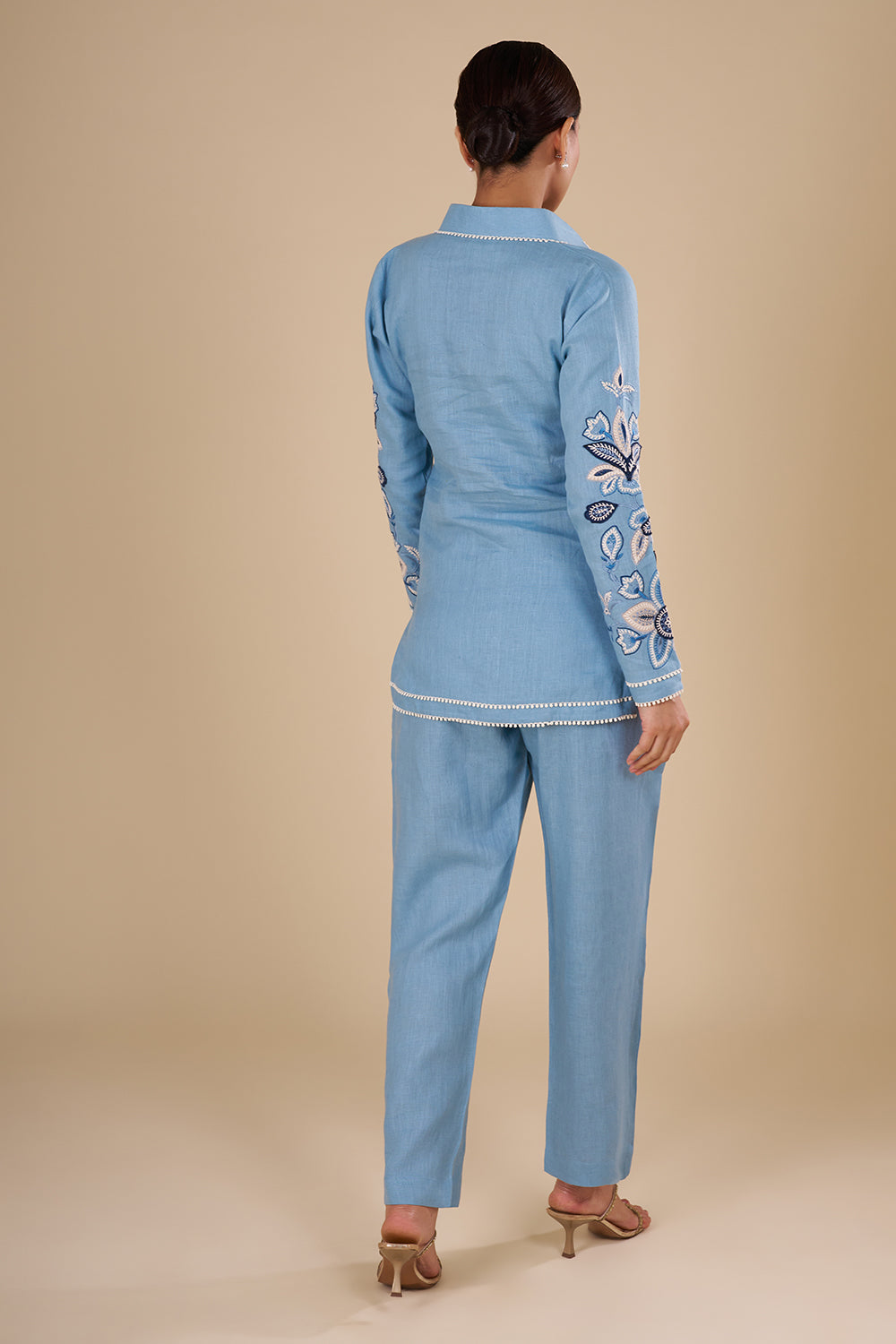 Powder Blue Linen Co-ord Set with Floral Thread Embroidery