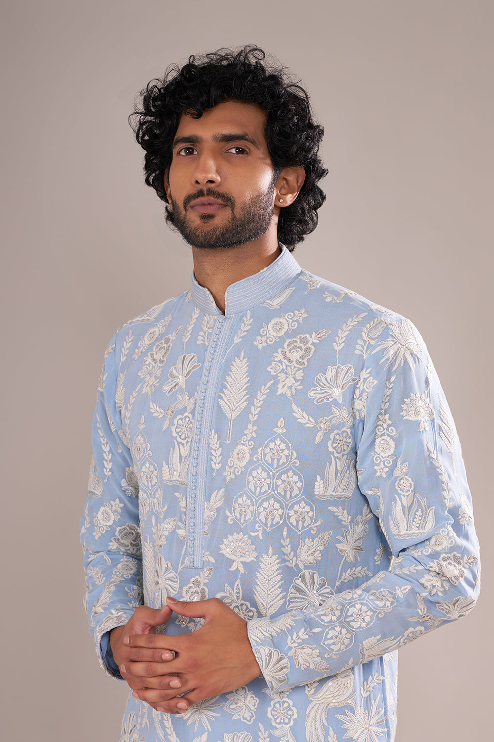 Powder Blue Men's Embroidered Silk Blend Kurta Set