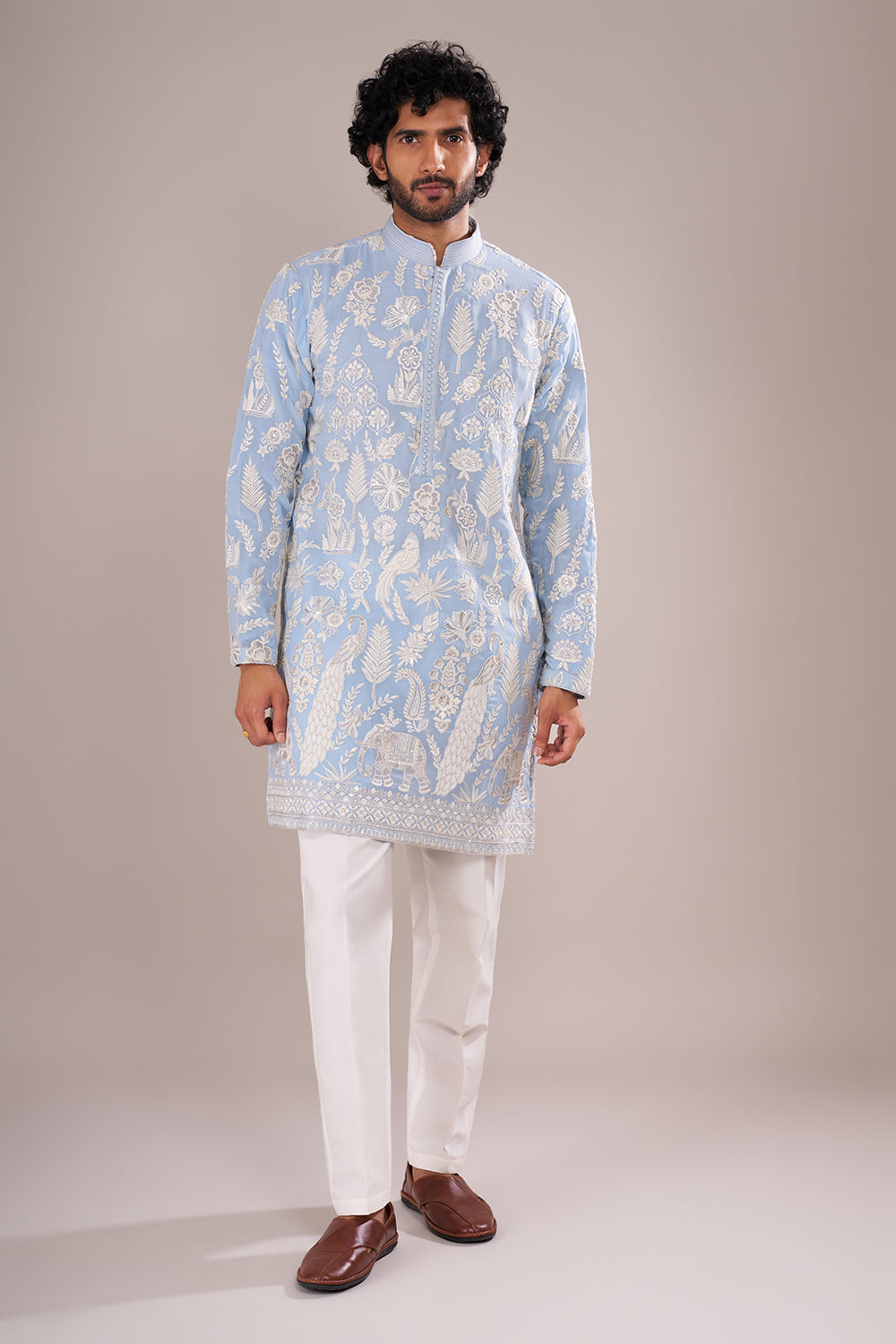 Powder Blue Men's Embroidered Silk Blend Kurta Set