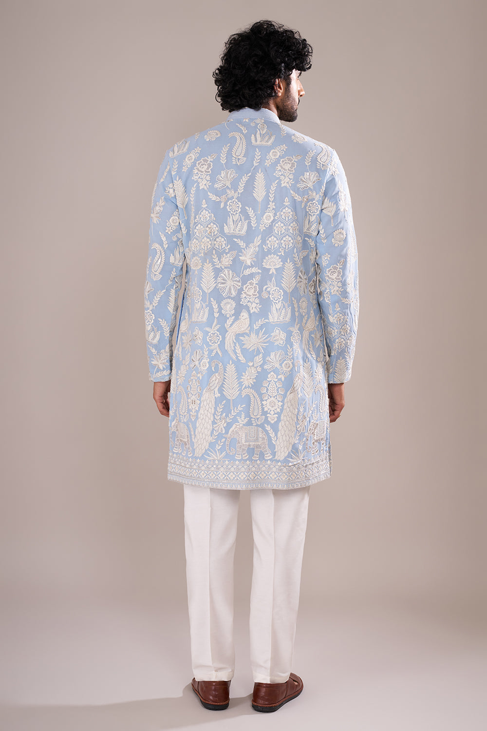 Powder Blue Men's Embroidered Silk Blend Kurta Set