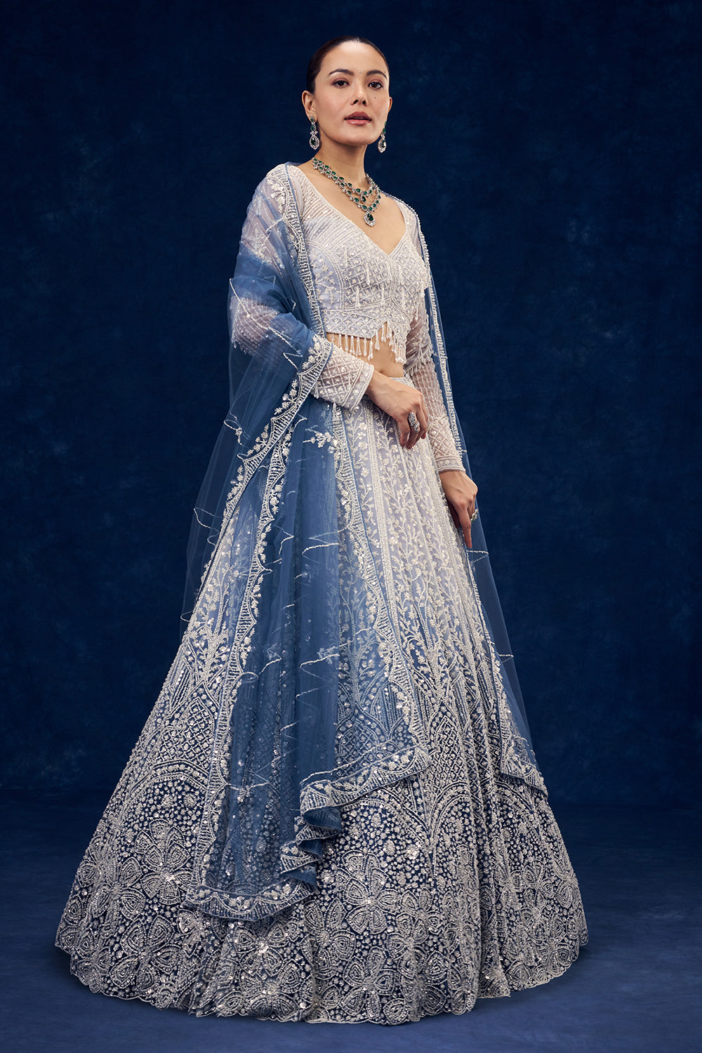 Powder Blue Ombre Net Lehenga with Sequins Hand Work