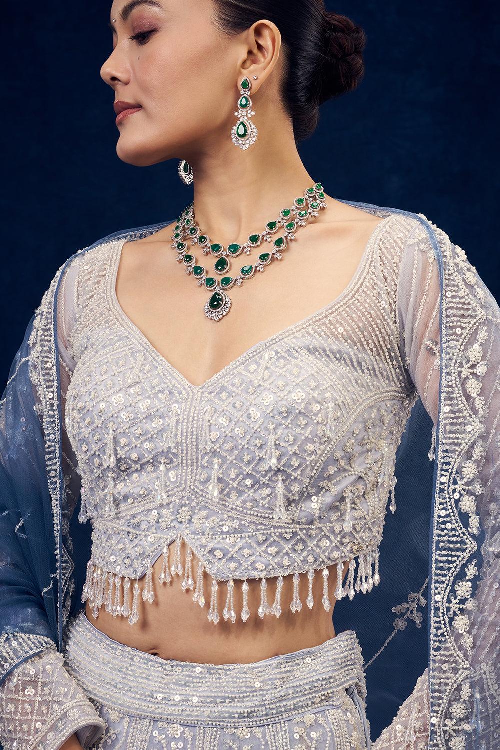 Powder Blue Ombre Net Lehenga with Sequins Hand Work