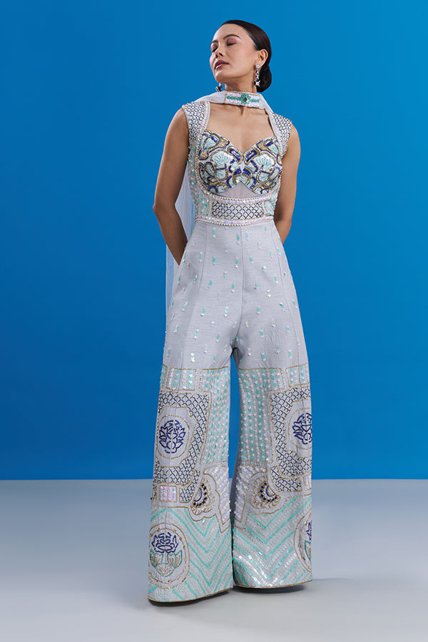 Powder Blue Raw Silk Jumpsuit with Cutdana Work
