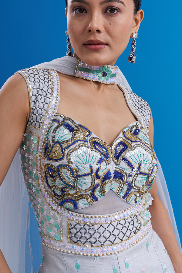 Powder Blue Raw Silk Jumpsuit with Cutdana Work