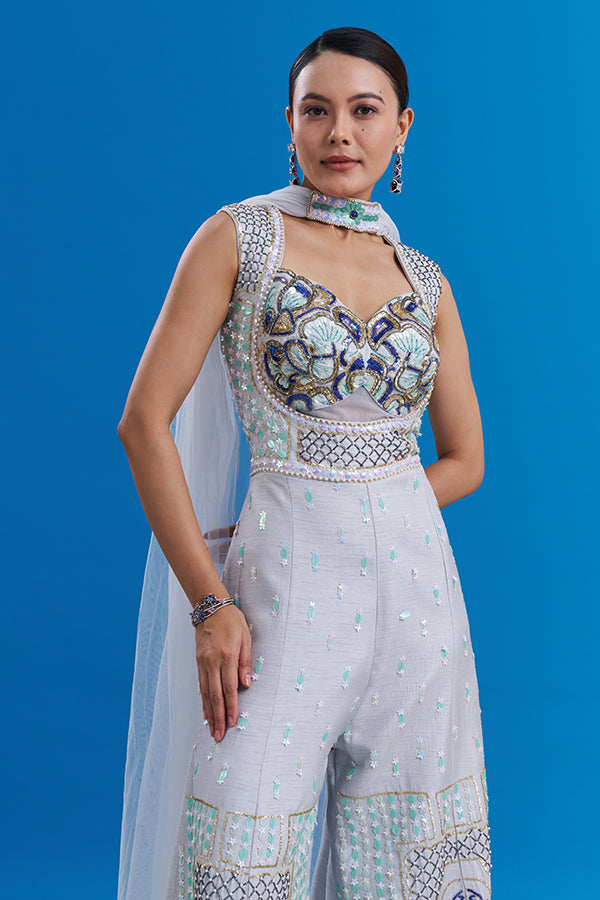 Powder Blue Raw Silk Jumpsuit with Cutdana Work