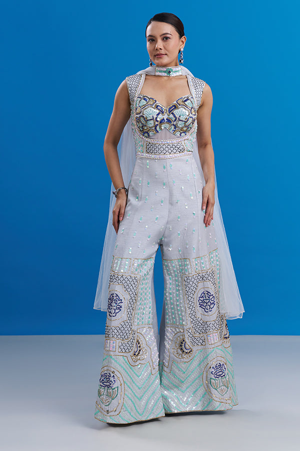 Powder Blue Raw Silk Jumpsuit with Cutdana Work