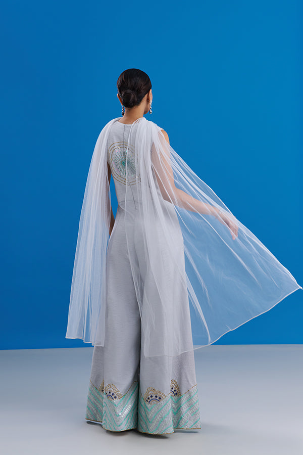 Powder Blue Raw Silk Jumpsuit with Cutdana Work