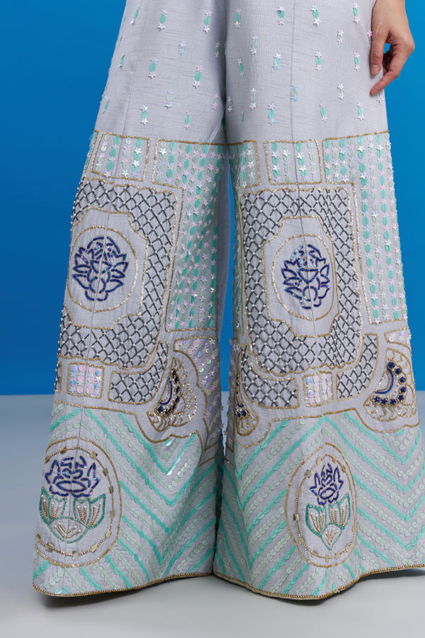 Powder Blue Raw Silk Jumpsuit with Cutdana Work