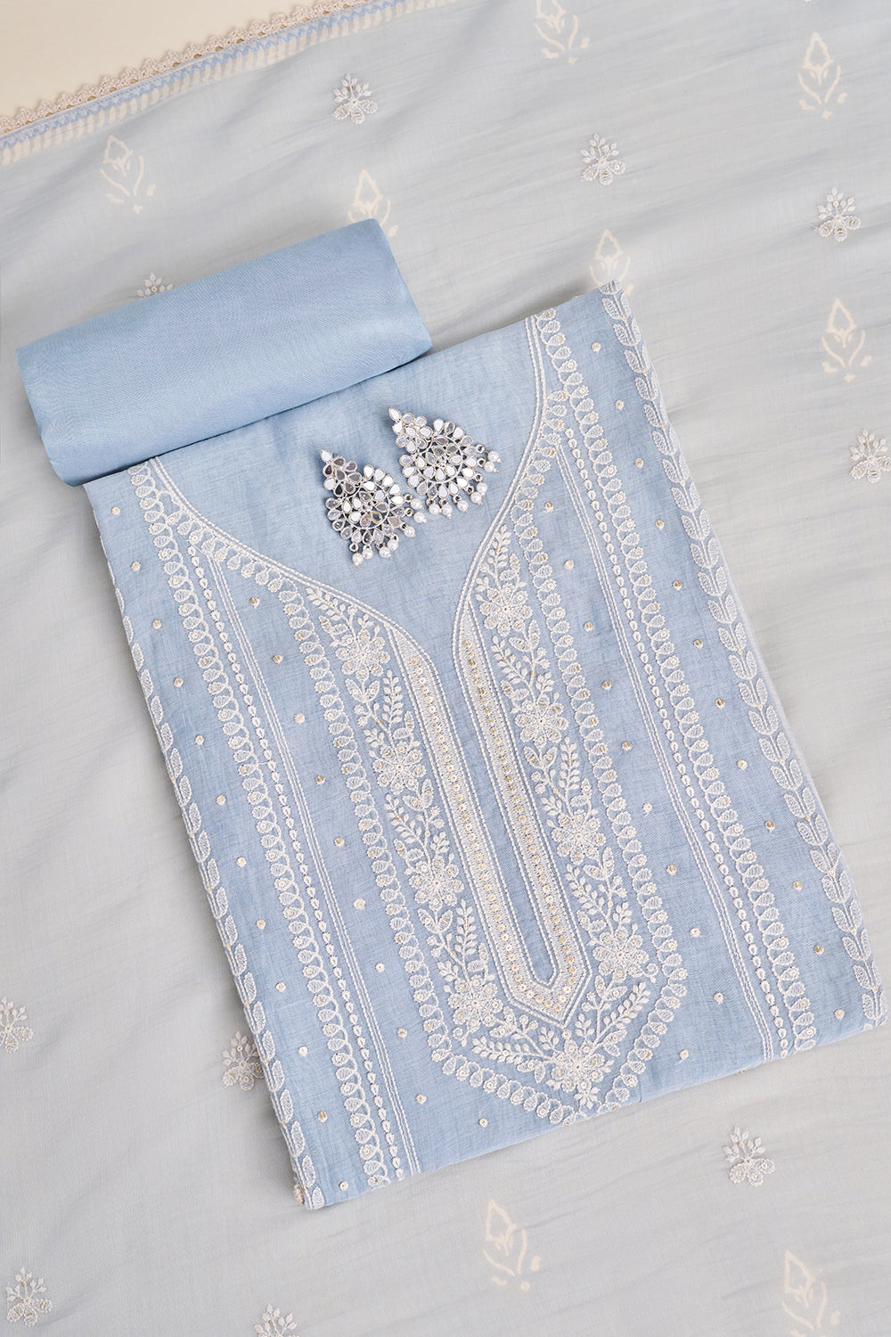 Powder Blue Thread Resham Embroidered Unstitched Suit Set