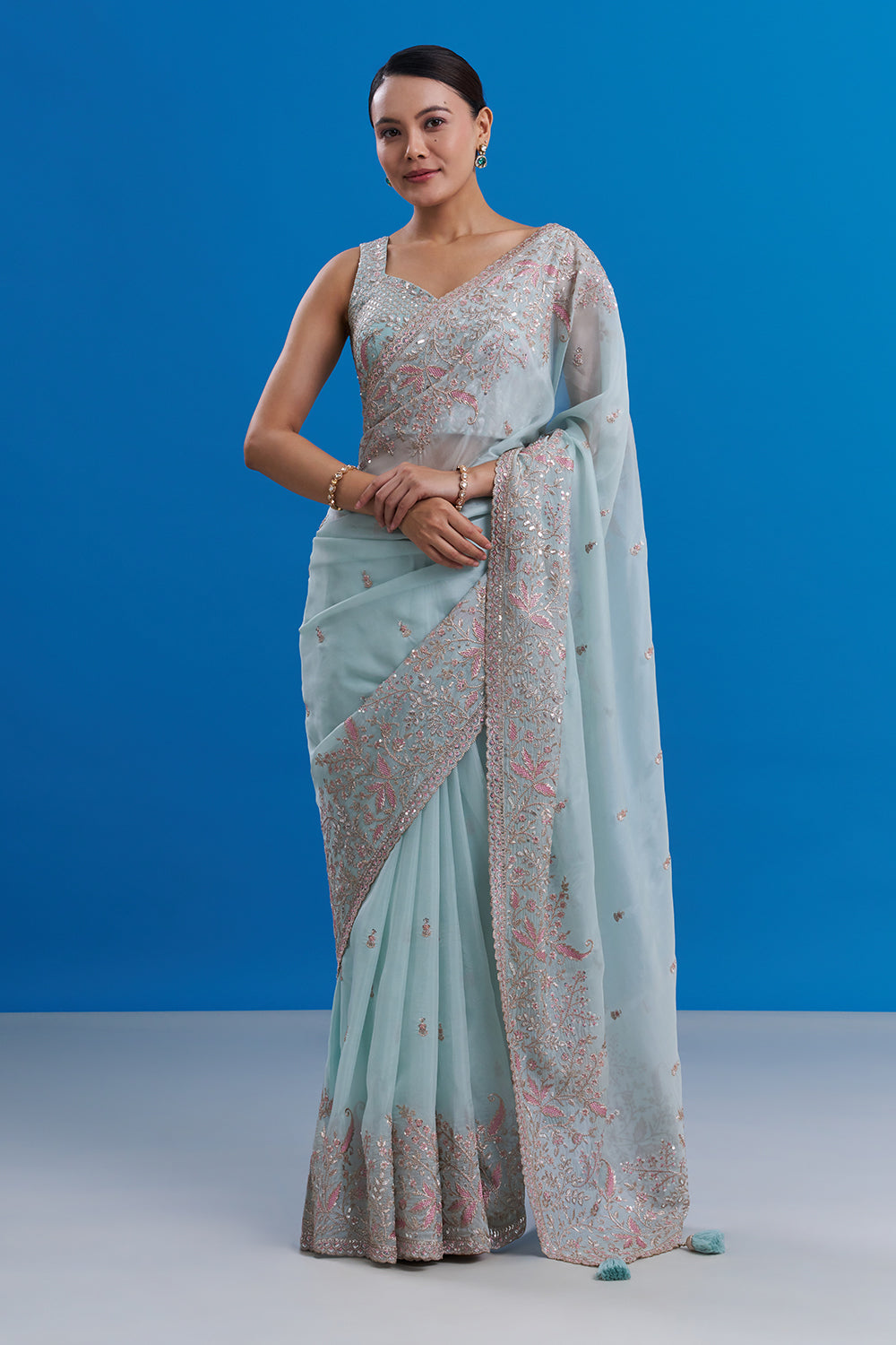 Powder Blue Satin Organza Saree with Resham Work And Stitched Blouse