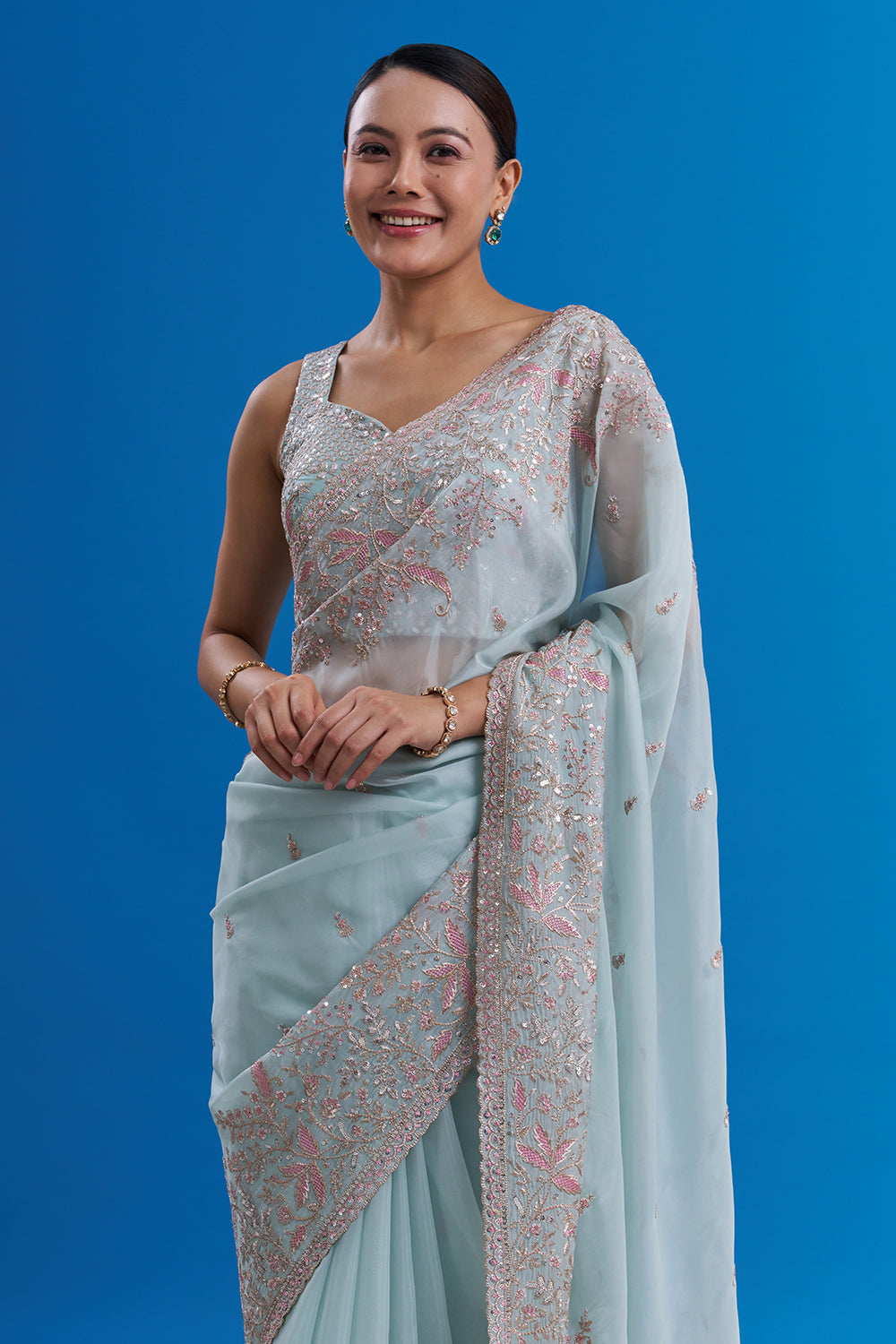Powder Blue Satin Organza Saree with Resham Work And Stitched Blouse