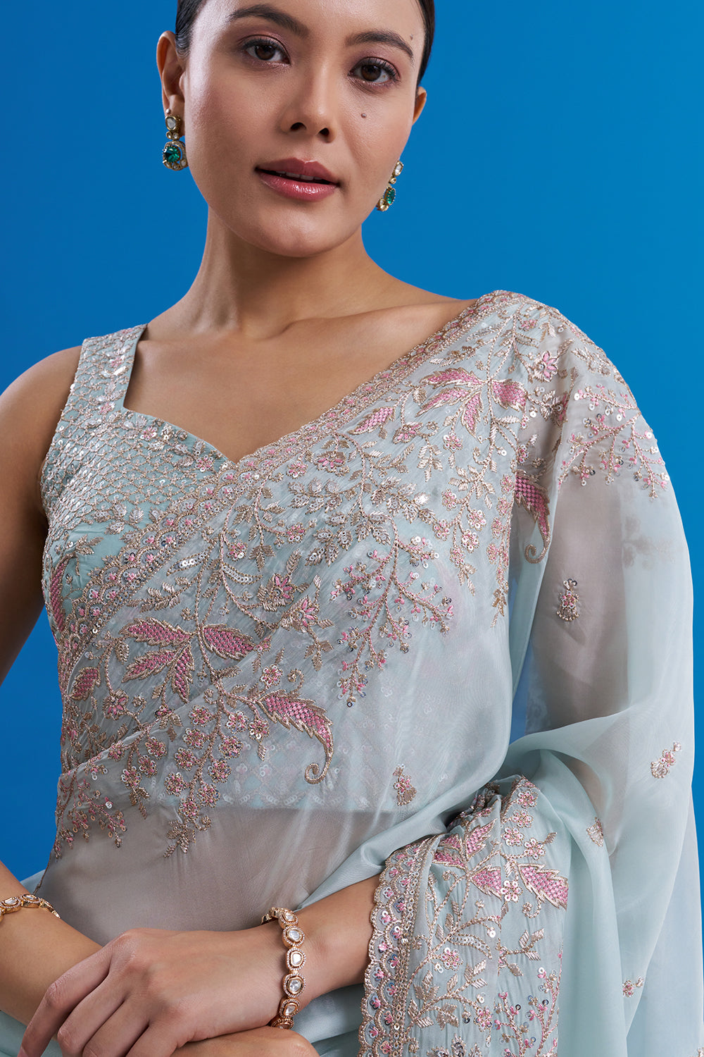 Powder Blue Satin Organza Saree with Resham Work And Stitched Blouse