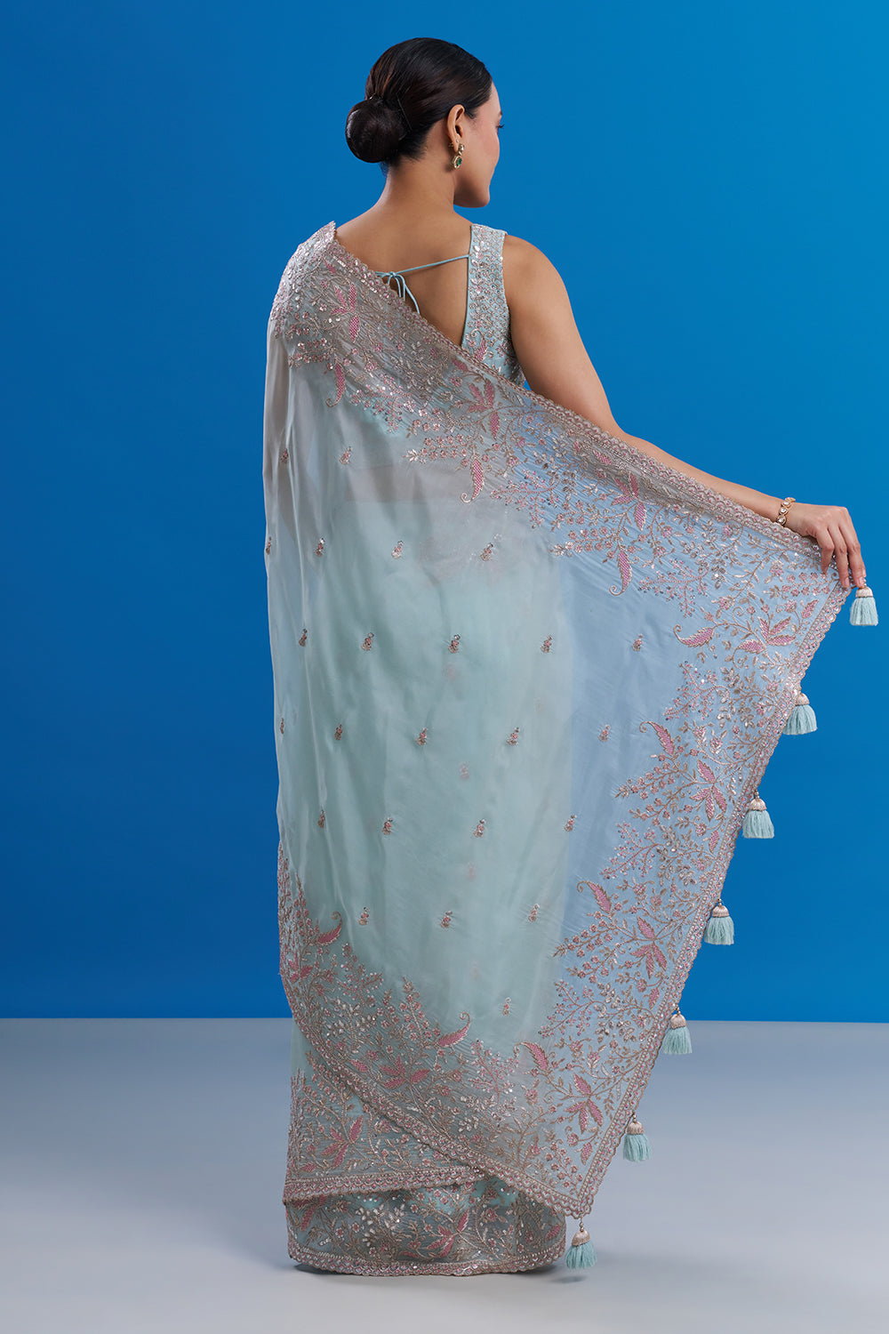 Powder Blue Satin Organza Saree with Resham Work And Stitched Blouse