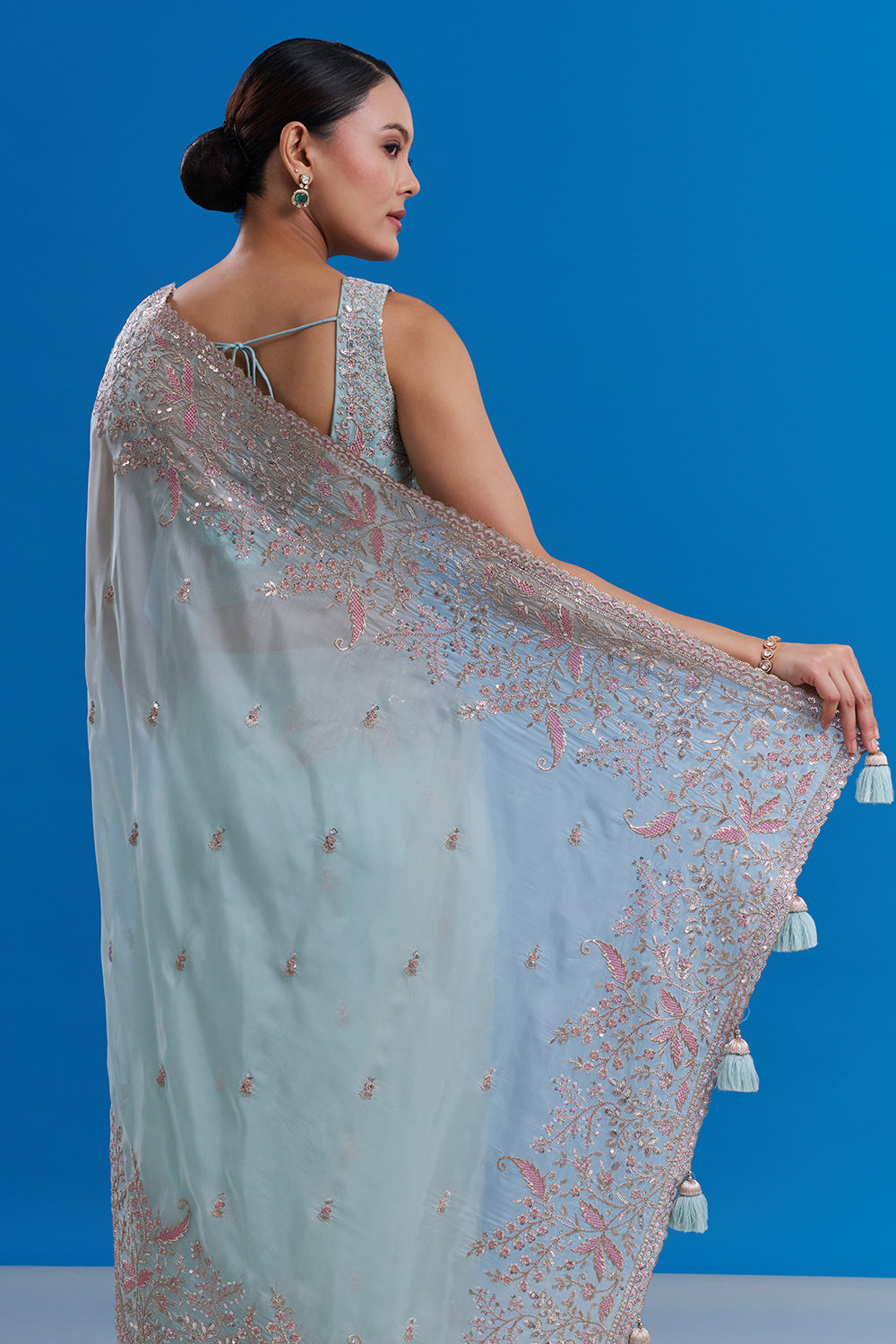 Powder Blue Satin Organza Saree with Resham Work And Stitched Blouse