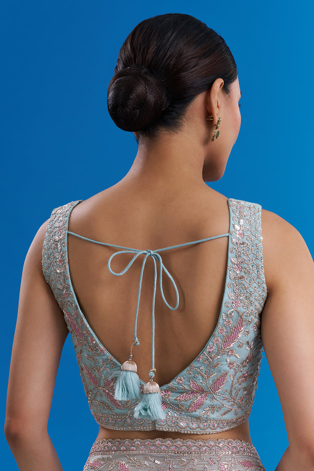 Powder Blue Satin Organza Saree with Resham Work And Stitched Blouse