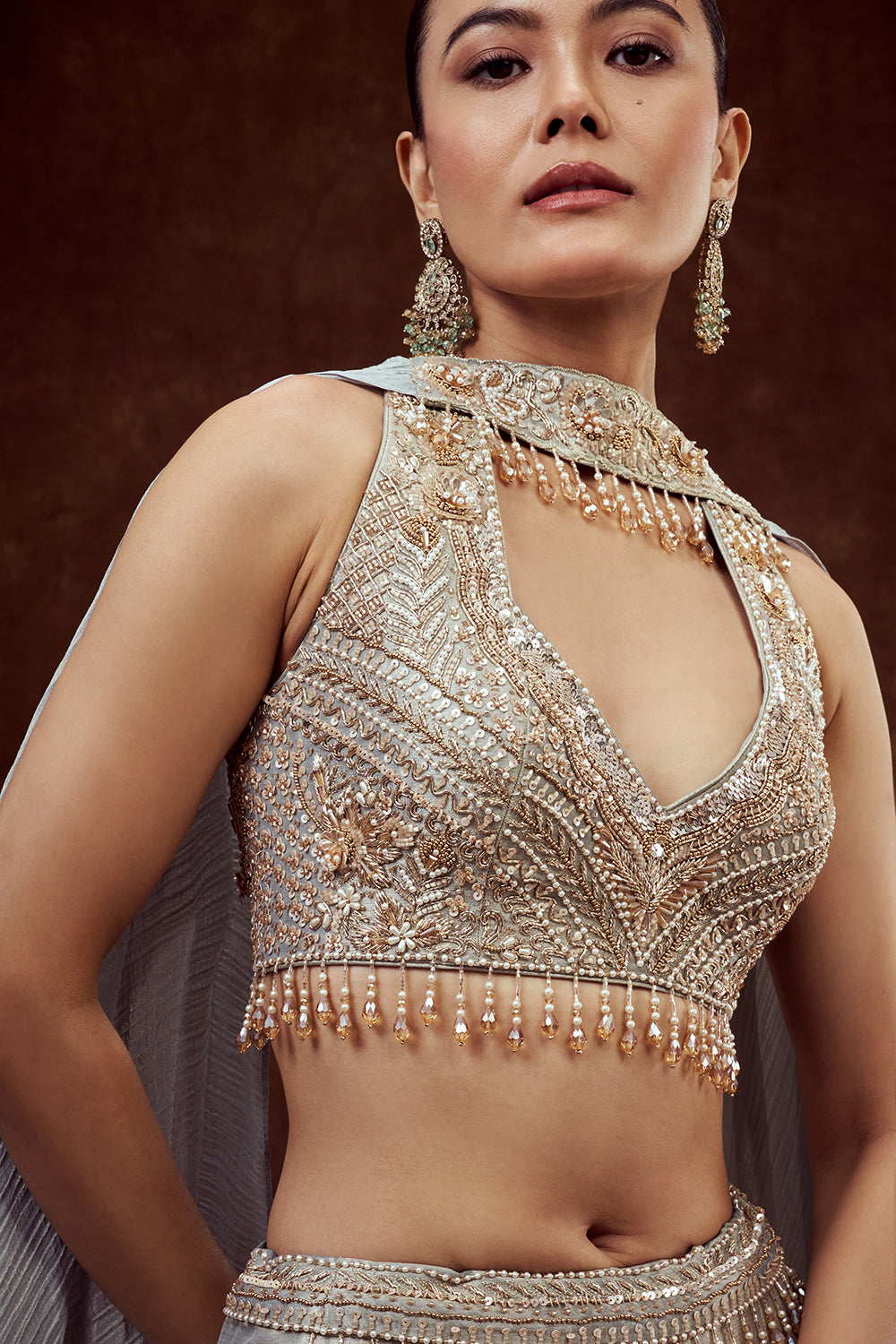 Powder Blue Shimmer Tissue Bridesmaid Lehenga with Crystal Stones work