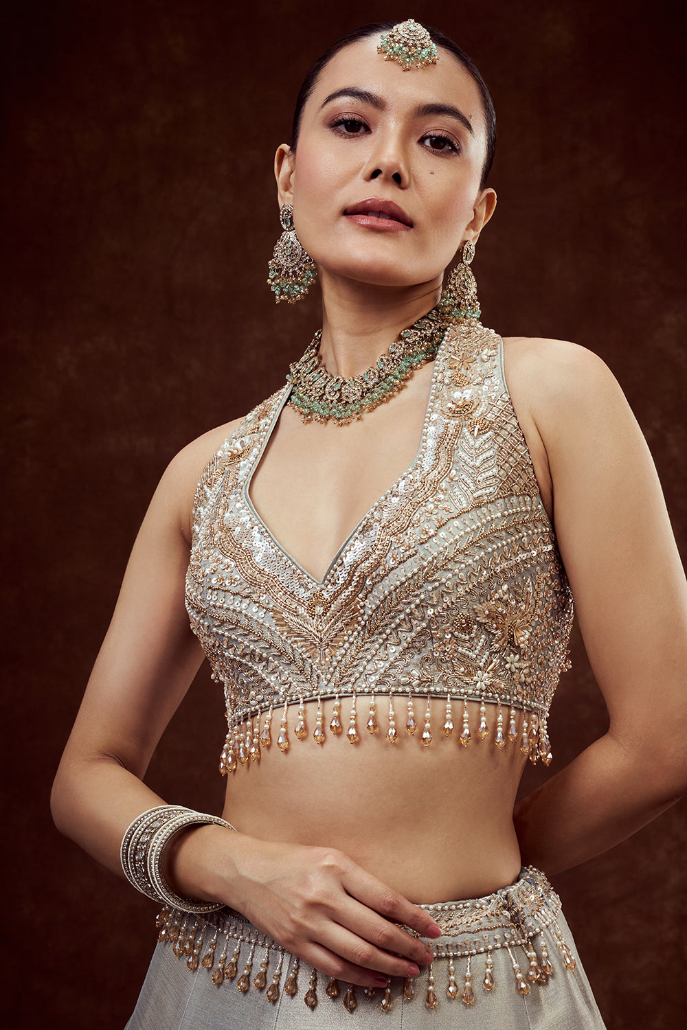 Powder Blue Shimmer Tissue Bridesmaid Lehenga with Crystal Stones work