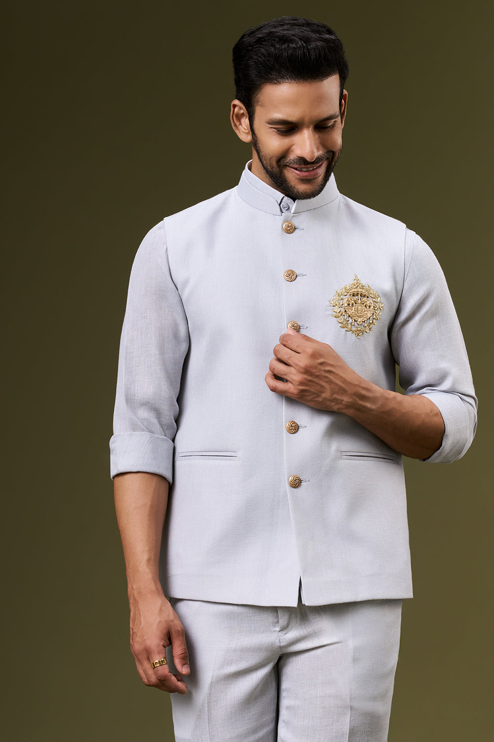 Powder Grey Linen Bundi Set with Zardosi and Cut Dana Motif