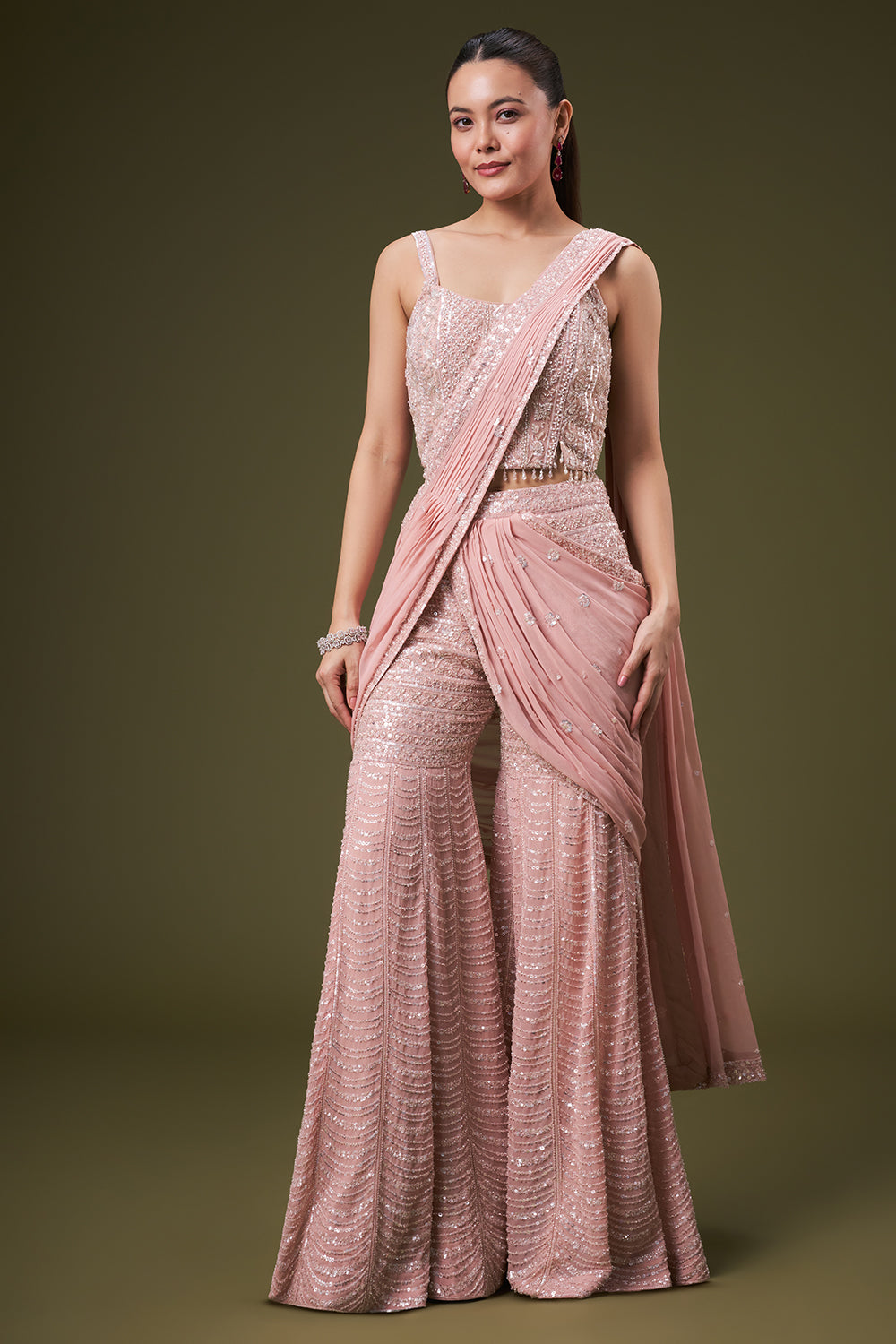Powder Pink Georgette Crop Top Sharara Suit with Sequin Work