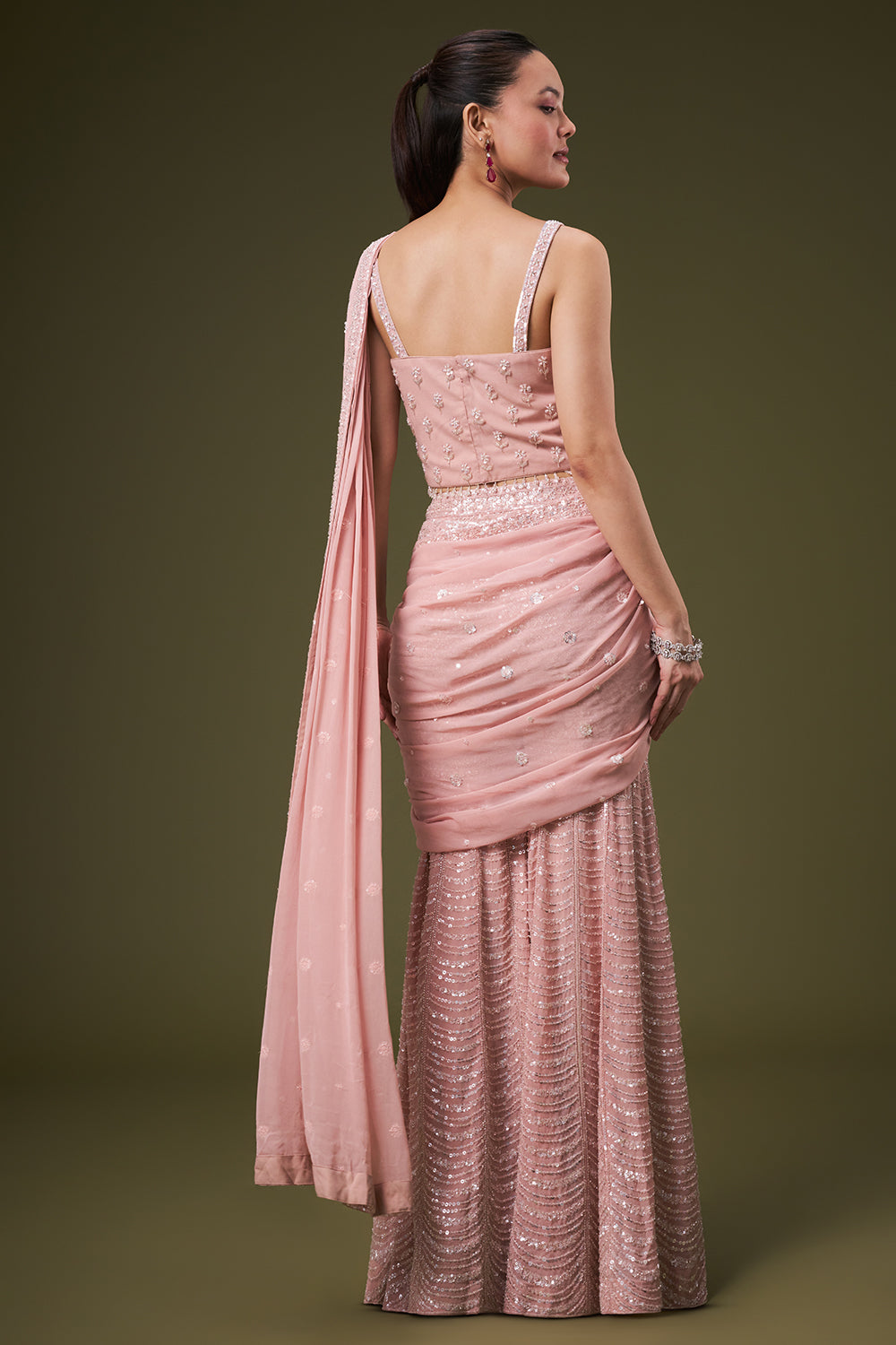 Powder Pink Georgette Crop Top Sharara Suit with Sequin Work