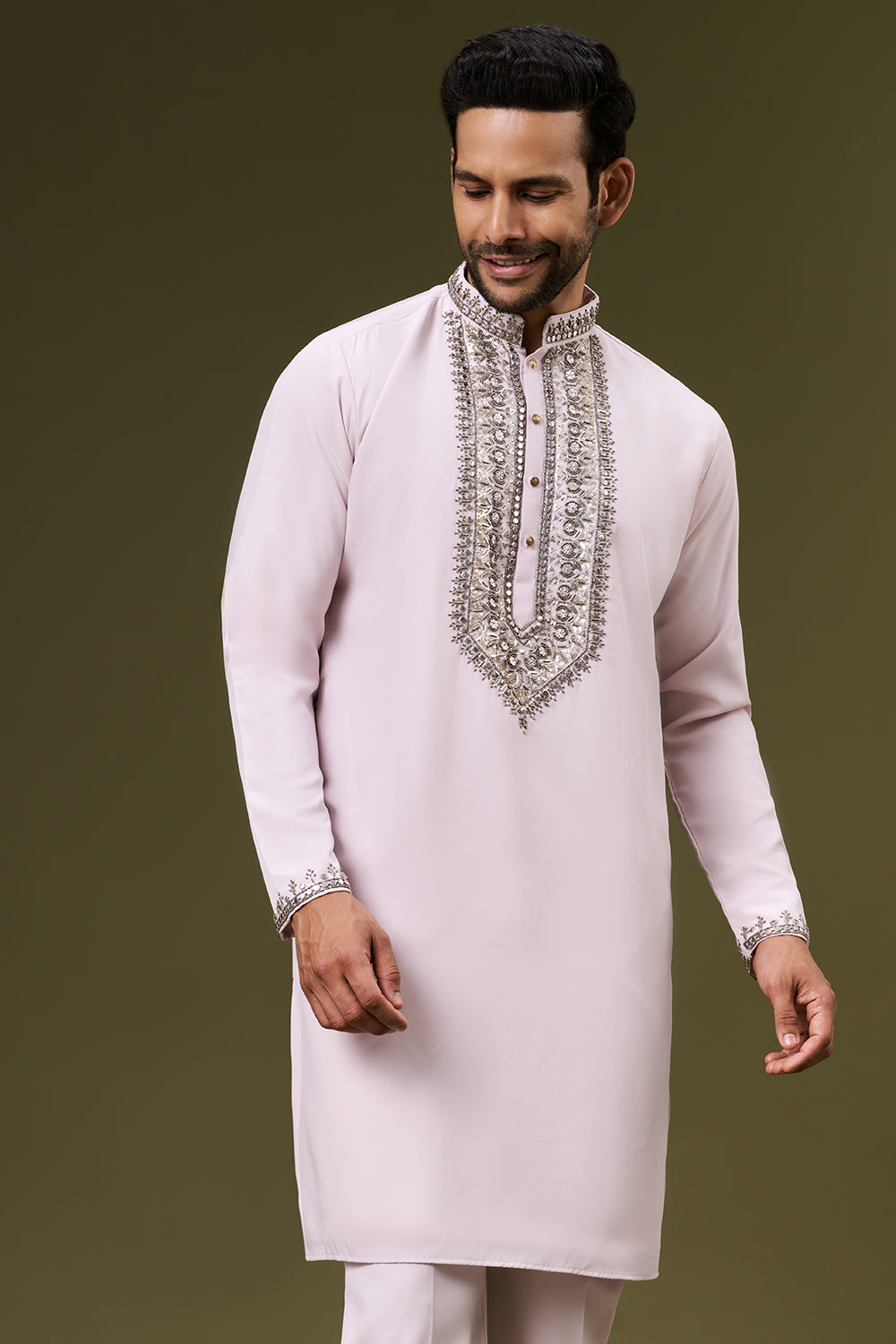 Powder Pink Georgette Mens Kurta Set with Sequin and Bead Work